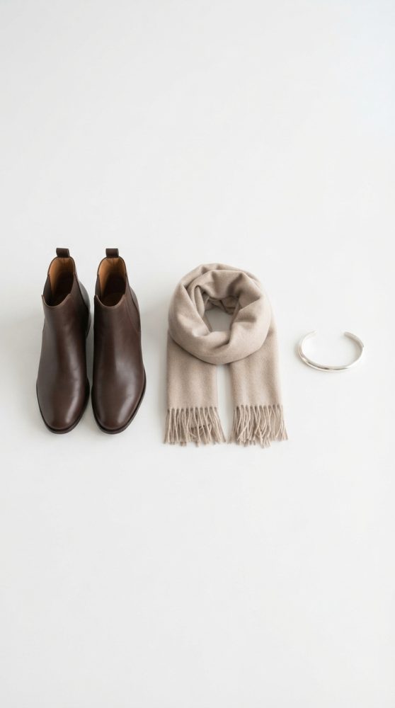 Botas castanhas em pele, cachecol bege e pulseira prata dispostos sobre fundo branco