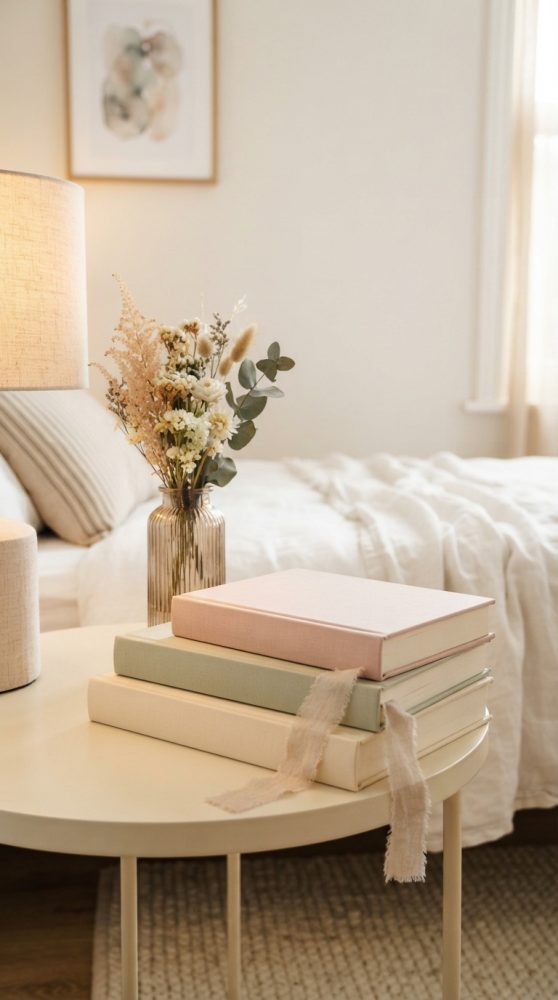 Mesa com três livros em tons pastel e vaso de flores secas num quarto bem iluminado