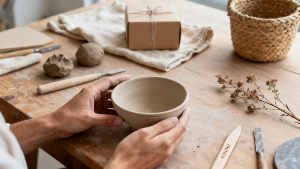 Mãos segurando um bowl de barro com ferramentas e materiais artesanais numa mesa de madeira clara