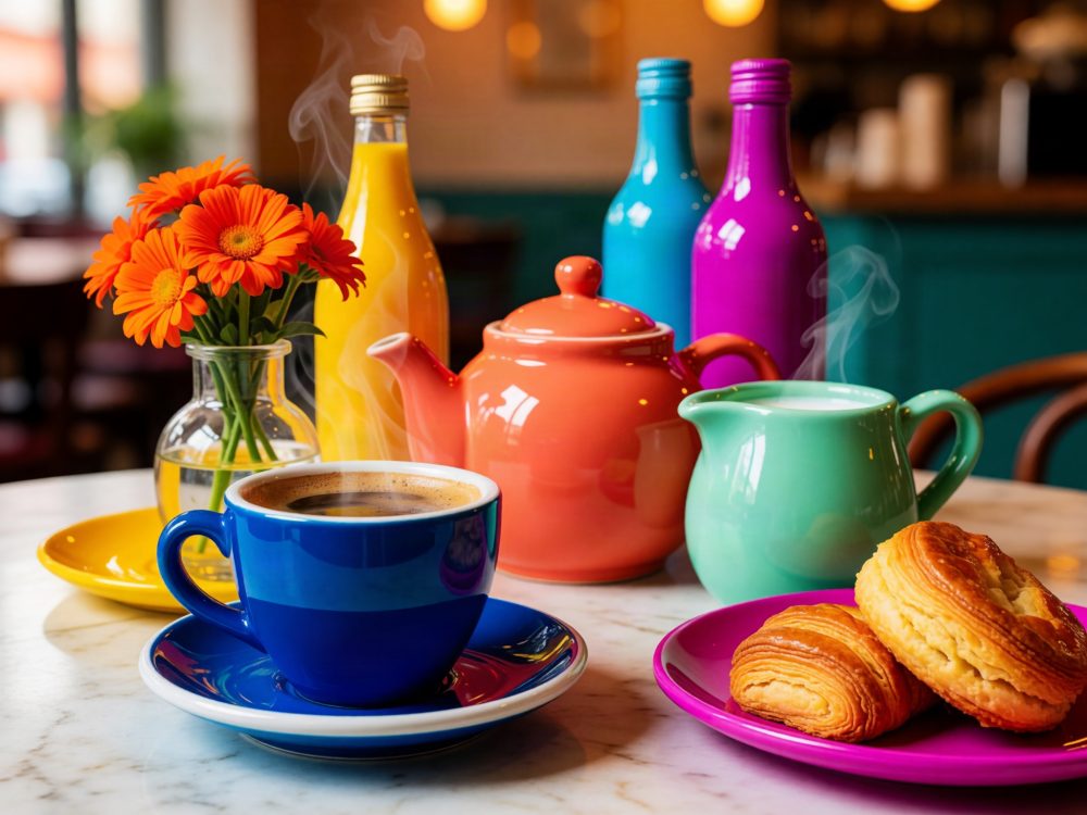 Mesa com chávena azul de café, bule laranja, jarra verde, pastéis folhados e flores laranja