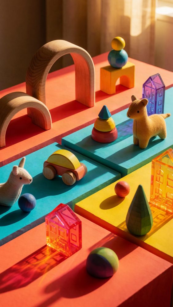 Brinquedos coloridos de madeira, feltro e acrílico organizados em superfícies multicoloridas com luz natural