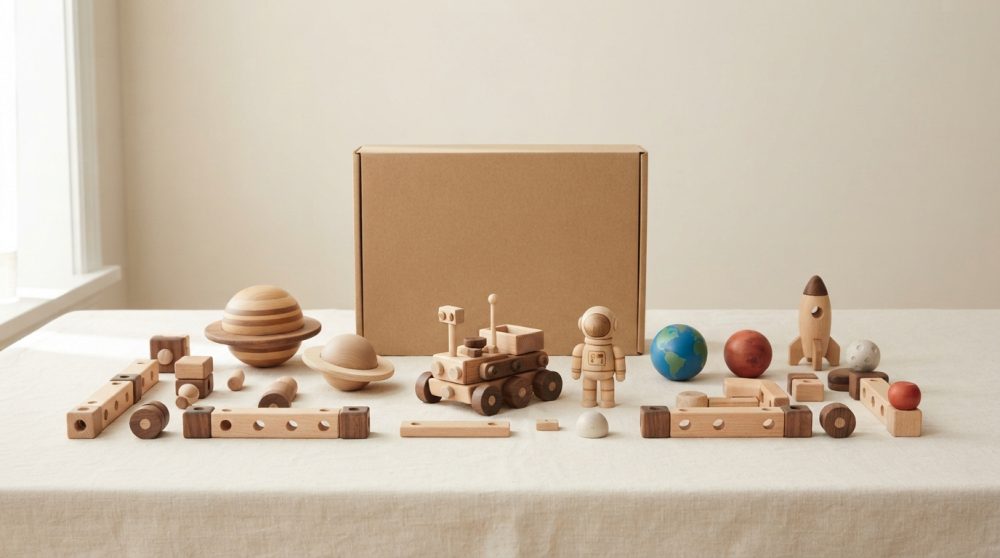 Brinquedos espaciais em madeira com planetas, astronauta, foguete e veículo sobre mesa clara