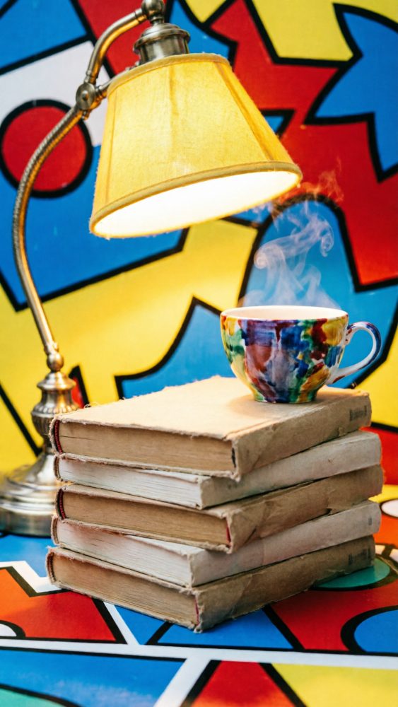 Pilhas de livros antigos com chá fumegante em chávena colorida e candeeiro vintage