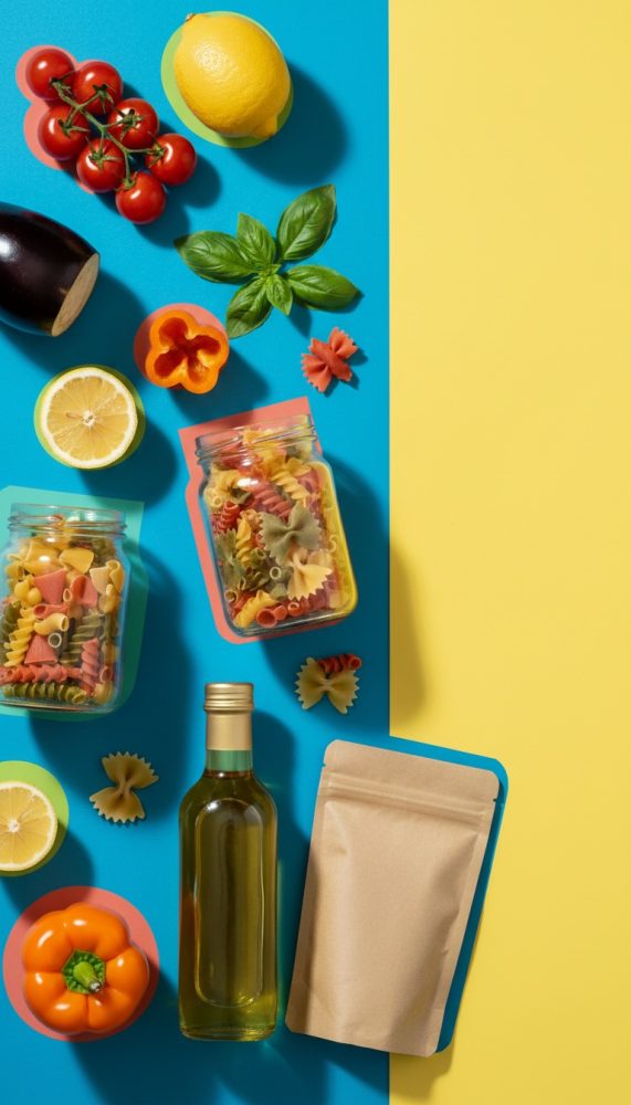 Ingredientes frescos, incluindo tomate, limão, beringela, manjericão, massa colorida e azeite em fundo azul e amarelo