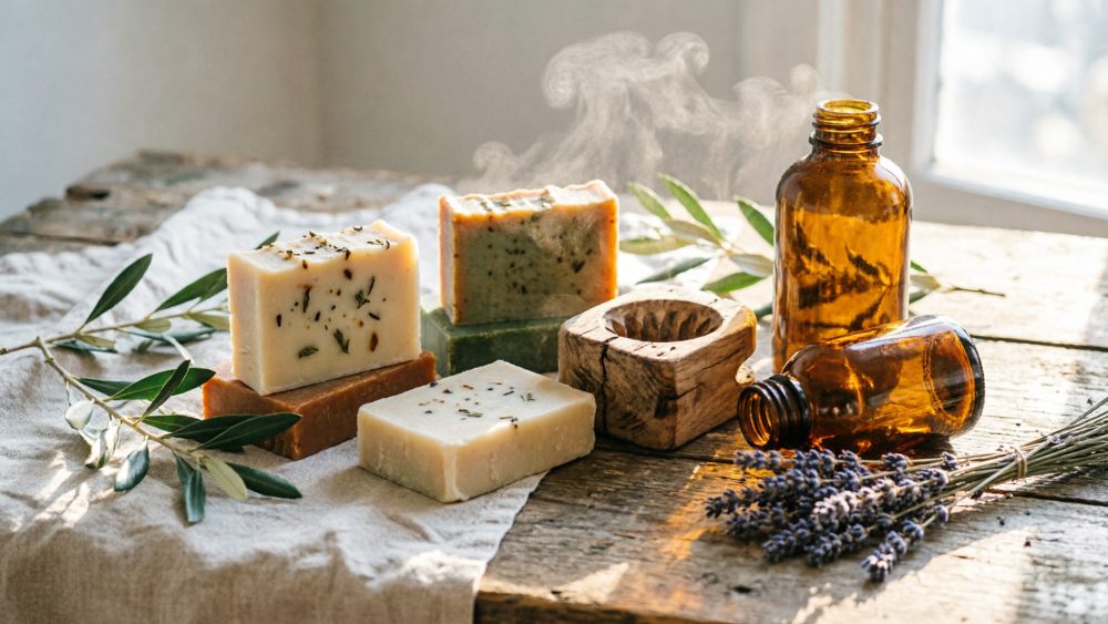 Sabonetes artesanais com ervas e ramos de lavanda junto a frascos de vidro âmbar sobre madeira rústica