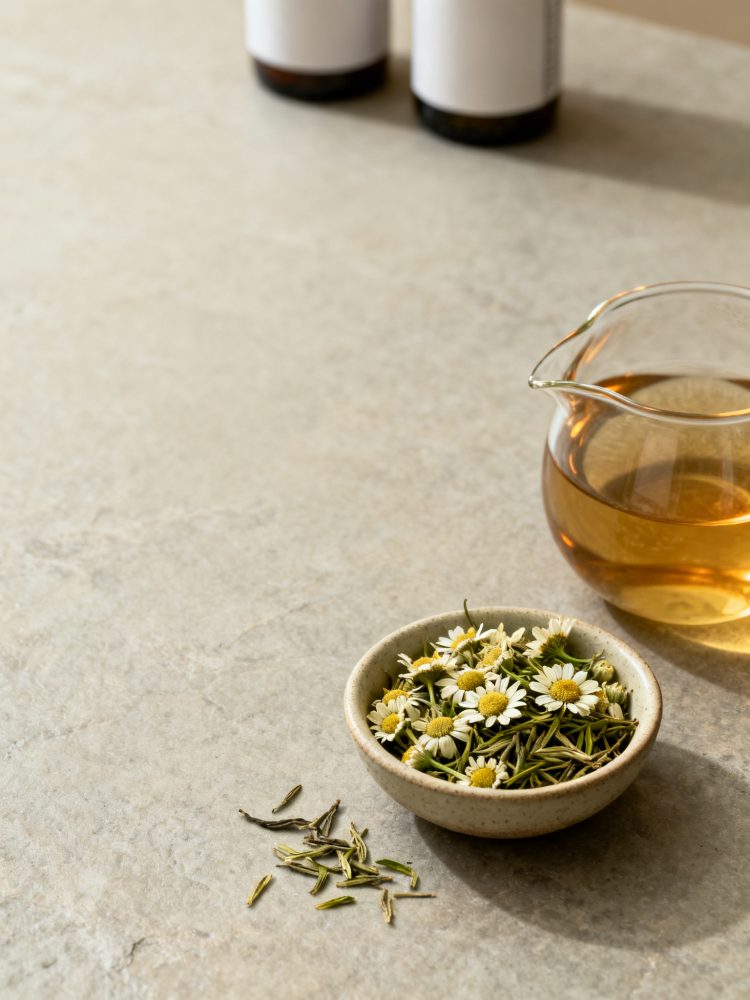 Tigela com camomila seca, folhas de chá verde e taça com infusão dourada sobre superfície clara