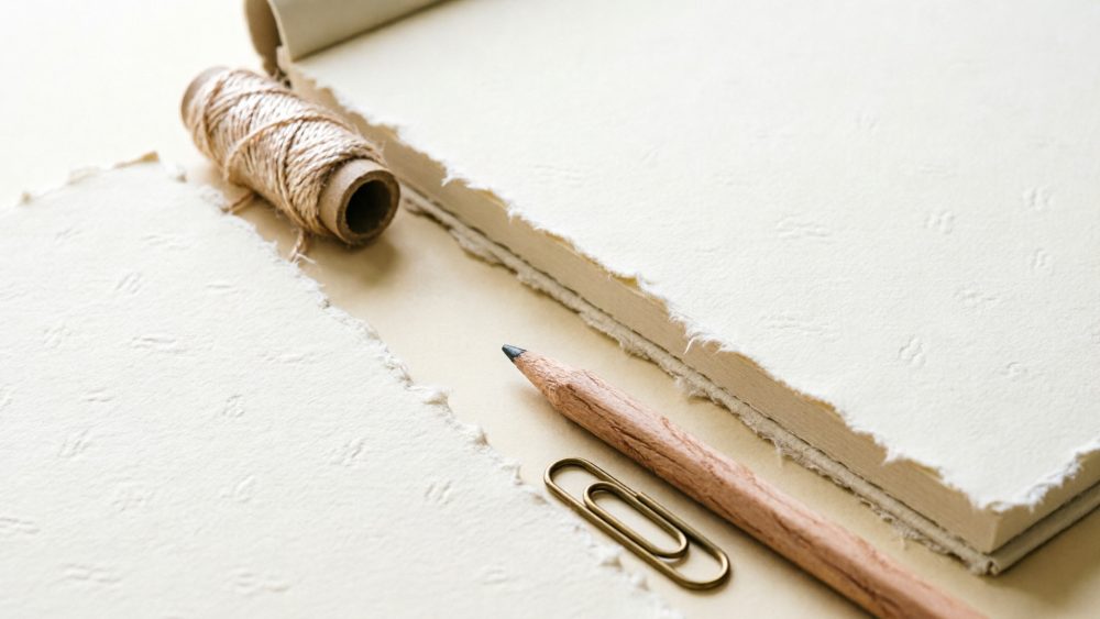 Folhas de papel artesanal texturizado com lápis de madeira, clips dourados e novelo de fio rústico