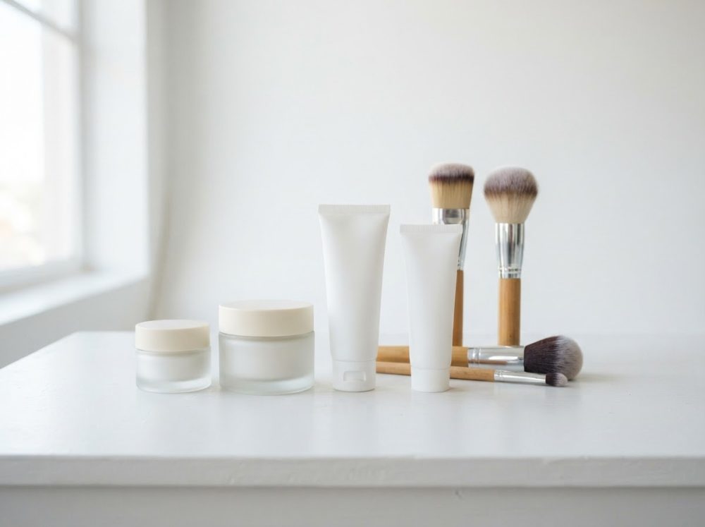Conjunto de cremes e pincéis de maquilhagem sobre mesa branca com luz natural