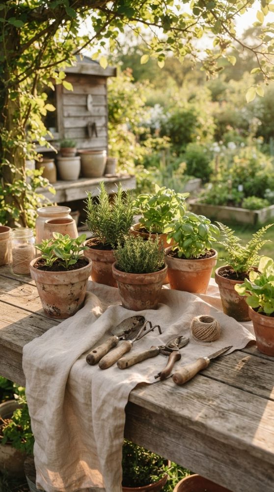 Mesa de madeira com vasos de barro cheios de ervas aromáticas e ferramentas de jardinagem em jardim ensolarado