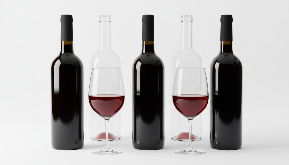 Cinco garrafas de vinho tinto e dois copos com vinho sobre fundo branco