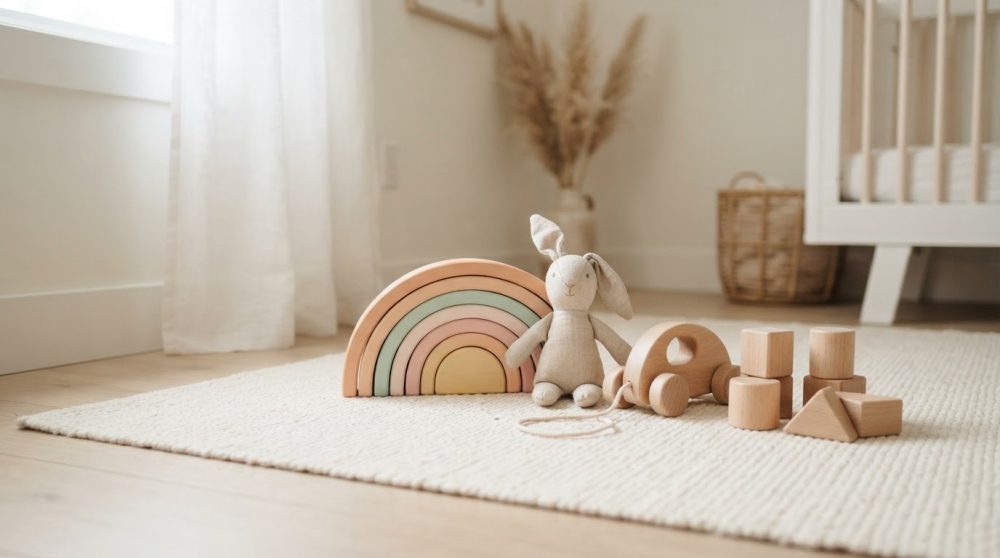 Brinquedos infantis de madeira e peluche sobre tapete claro num quarto de bebé acolhedor