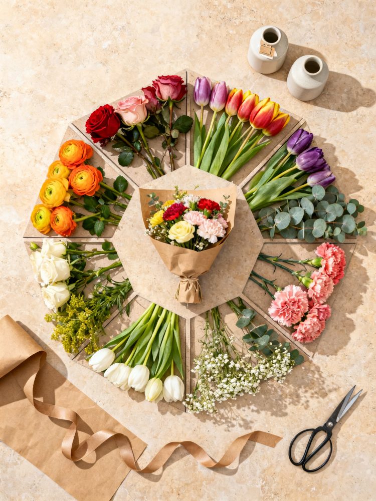 Conjunto colorido de flores frescas disposto em círculo com bouquet central e acessórios de montagem sobre superfície clara