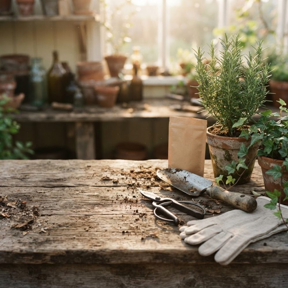 Mesa rústica com ferramentas de jardinagem, luvas, saco de sementes e plantas em vasos de terracota