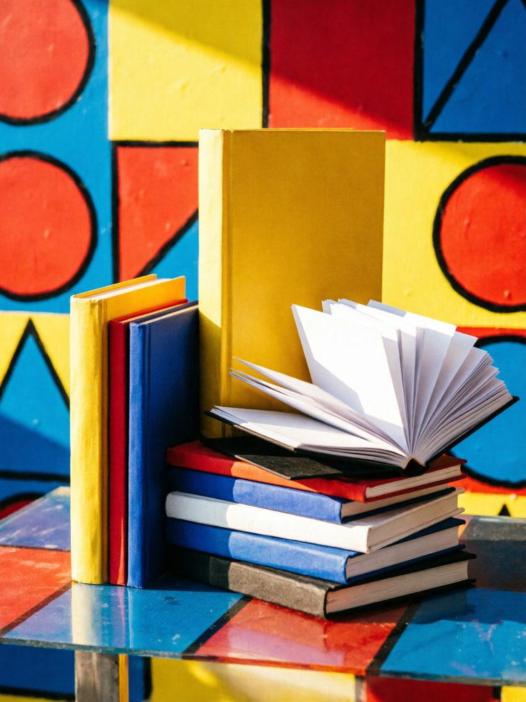 Livros coloridos empilhados em mesa com fundo geométrico vermelho, amarelo e azul