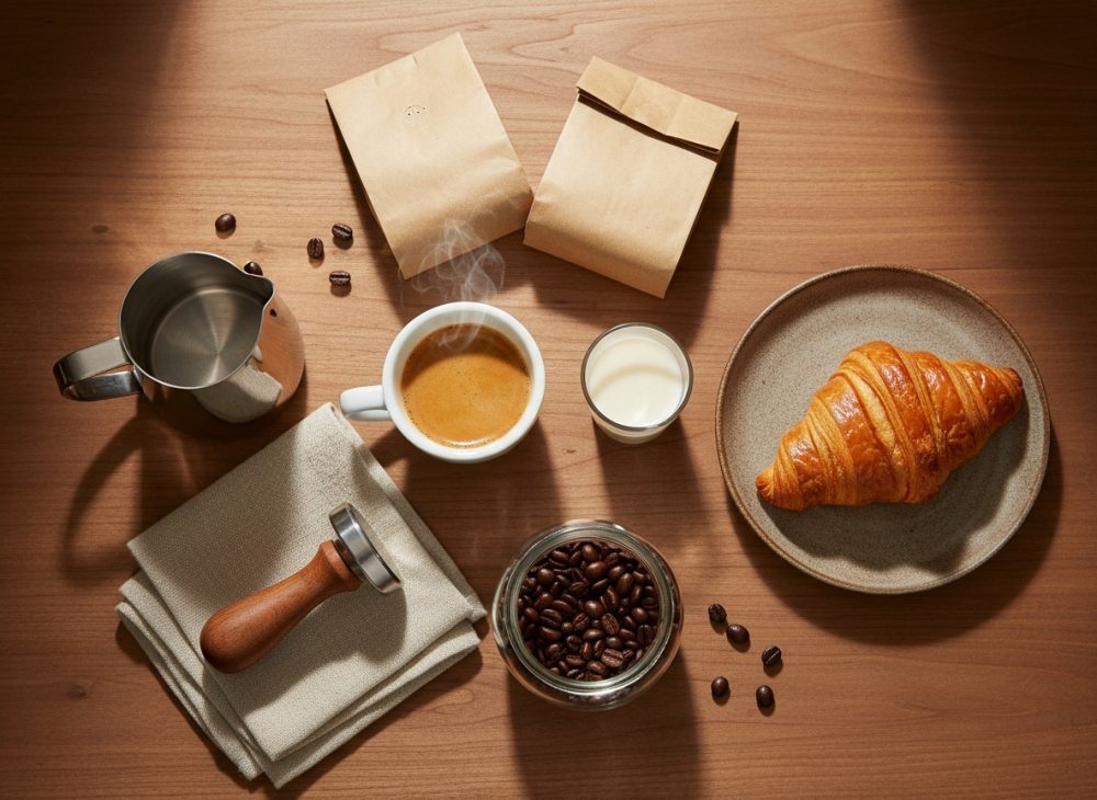 Conjunto de chávena de café quente, croissant, leite, grãos e utensílios de barista em mesa de madeira