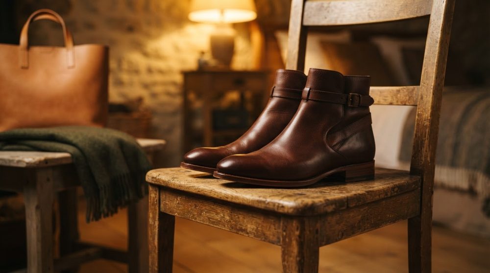 Botas castanhas de pele com fivela sobre cadeira de madeira rústica em ambiente acolhedor