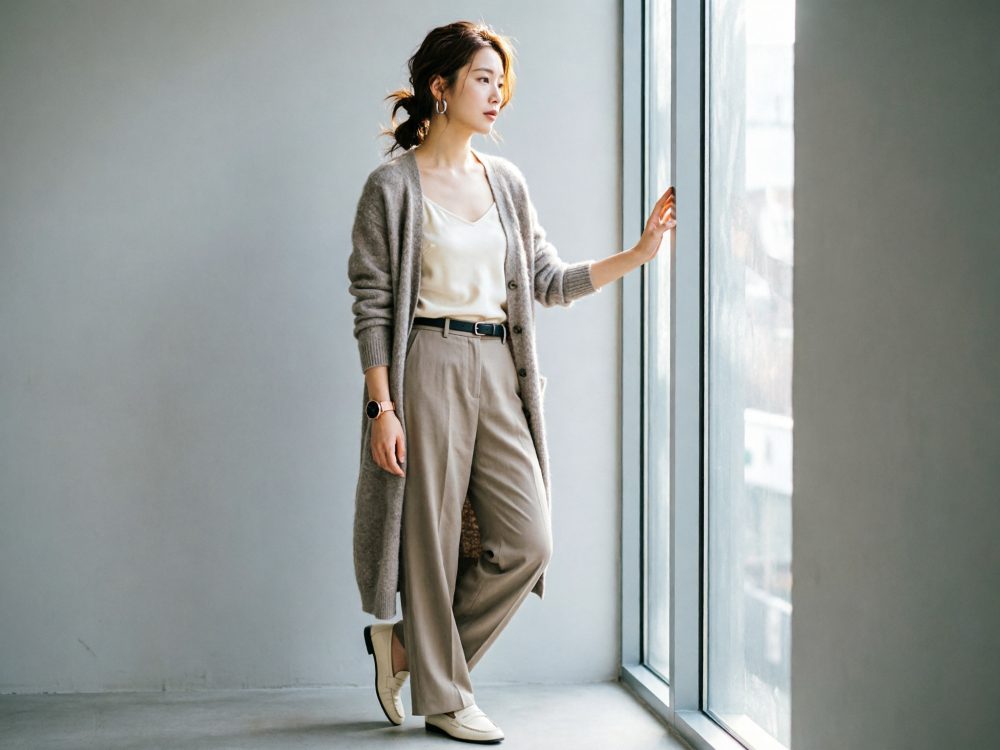 Mulher com cardigan cinza e calças bege olhando pela janela num espaço claro e minimalista