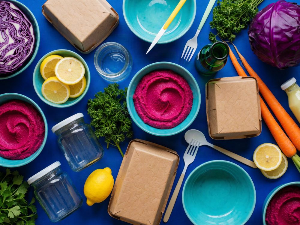 Ingredientes frescos e embalagens ecológicas para refeições saudáveis, com tigelas azuis e vegetais coloridos
