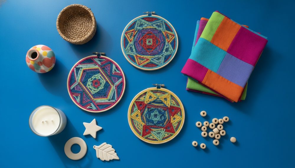 Bordados coloridos em bastidores, tecido quadriculado, acessórios em cerâmica, vela e miçangas sobre fundo azul