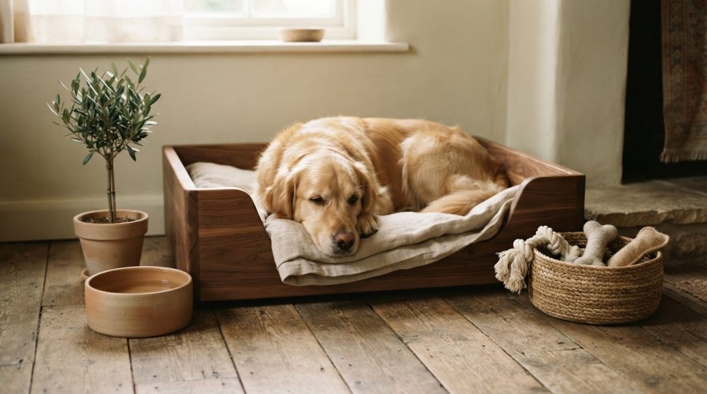 Cão dourado dorme numa cama de madeira com almofada, perto de taça de água e brinquedos em cesta