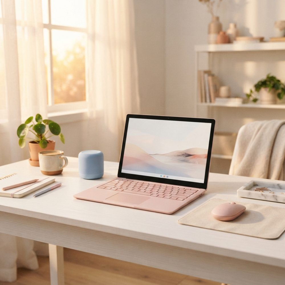 Portátil rosa numa secretária branca com rato, planta, caderno e luz natural ao fundo