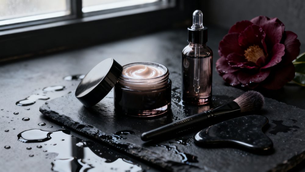 Frasco de creme aberto, sérum com conta-gotas, pincel e flor vermelha sobre ardósia molhada