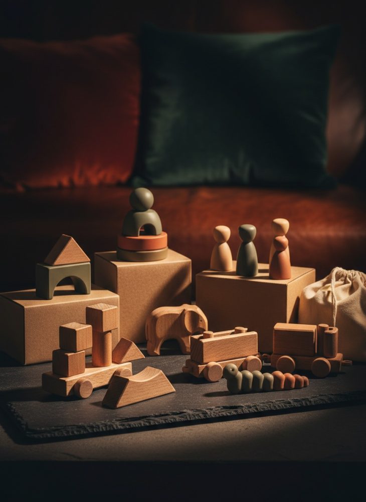 Conjunto de brinquedos de madeira com personagens, formas geométricas e um comboio num fundo acolhedor