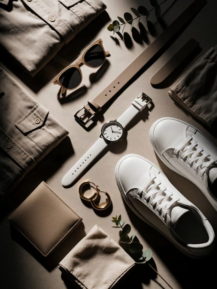 Conjunto de moda casual com camisa bege, sapatos brancos, relógio, cinto, óculos e acessórios
