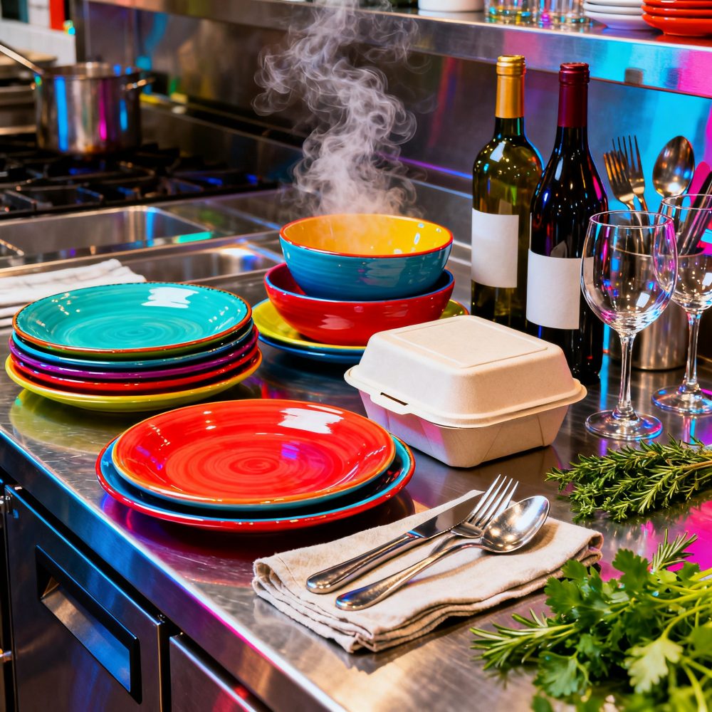 Louças coloridas, talheres, garrafas de vinho e comida embaladas numa bancada de cozinha profissional