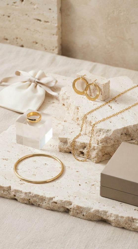 Joias douradas incluindo anel, brincos, pulseira e colar sobre pedras naturais claras