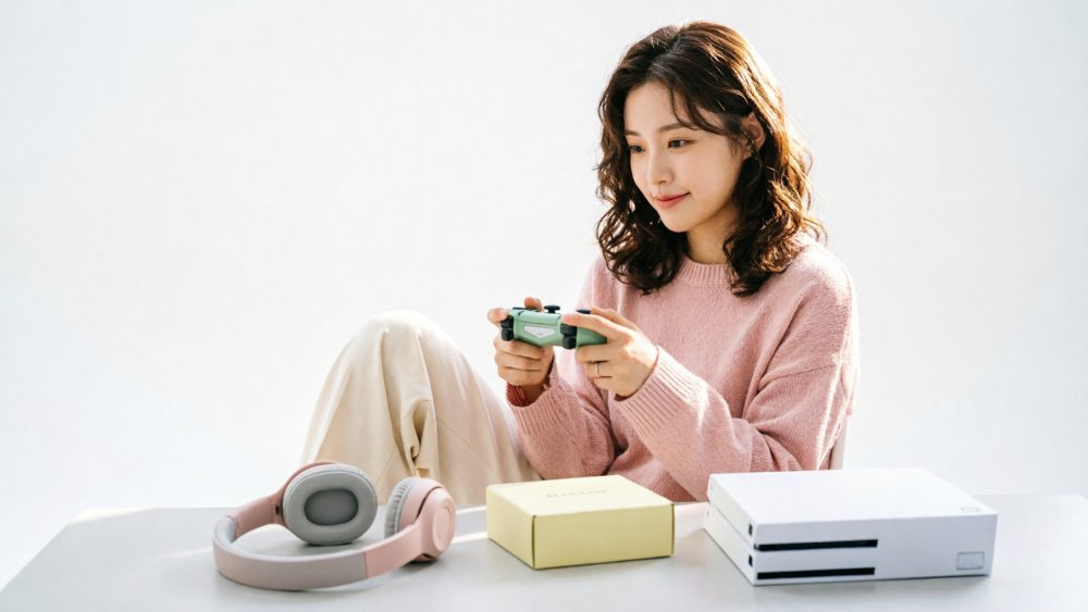 Mulher a jogar consola com comando verde e acessórios de gaming numa mesa branca clara