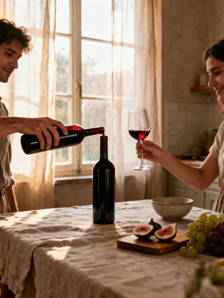 Casal a servir vinho tinto numa mesa com frutas frescas numa cozinha luminosa