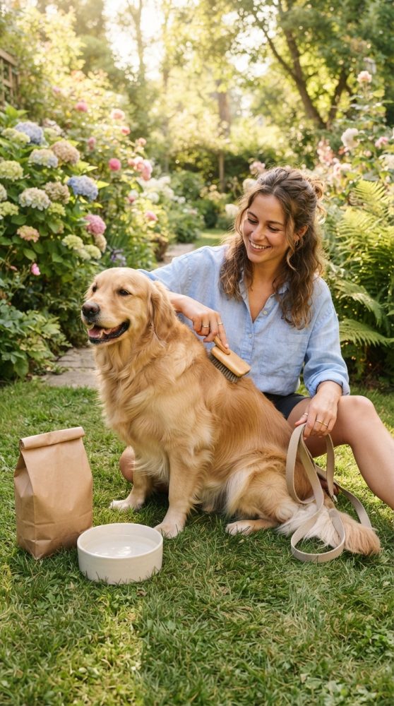 Mulher a escovar um golden retriever sentado num jardim florido e ensolarado