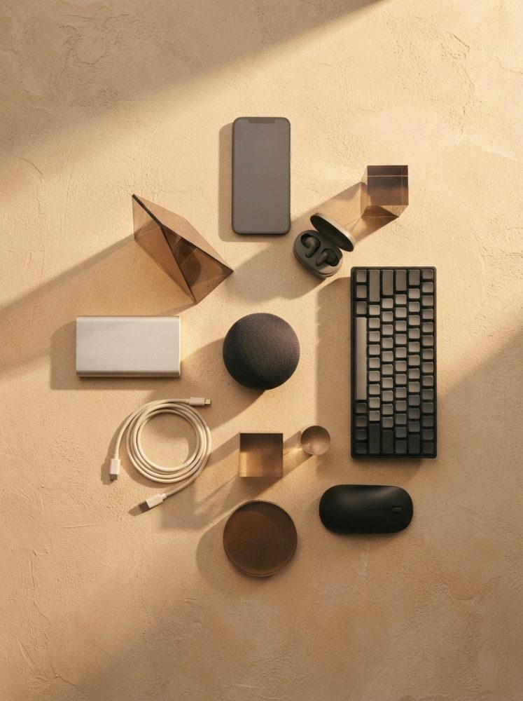 Conjunto de acessórios tecnológicos modernos organizados numa mesa bege com sombra natural