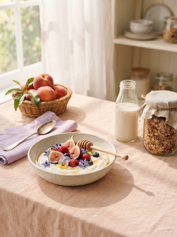 Pequeno-almoço com iogurte e frutas frescas numa mesa iluminada com mel e granola