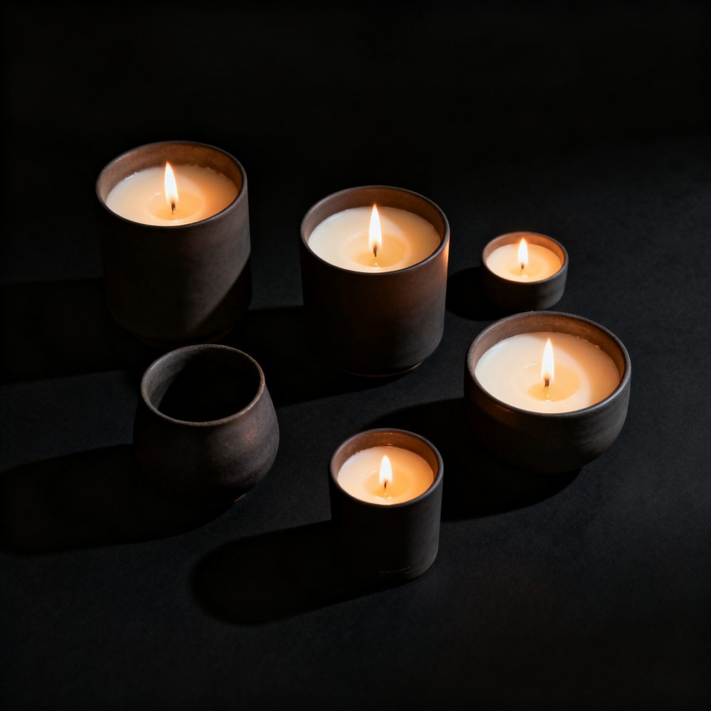 Conjunto de velas acesas em recipientes de cerâmica escura sobre fundo negro