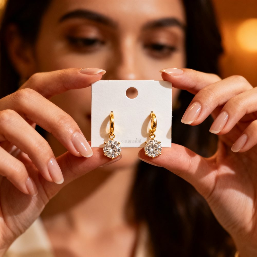 Brincos dourados com pedra brilhante pendurados em cartão branco nas mãos femininas