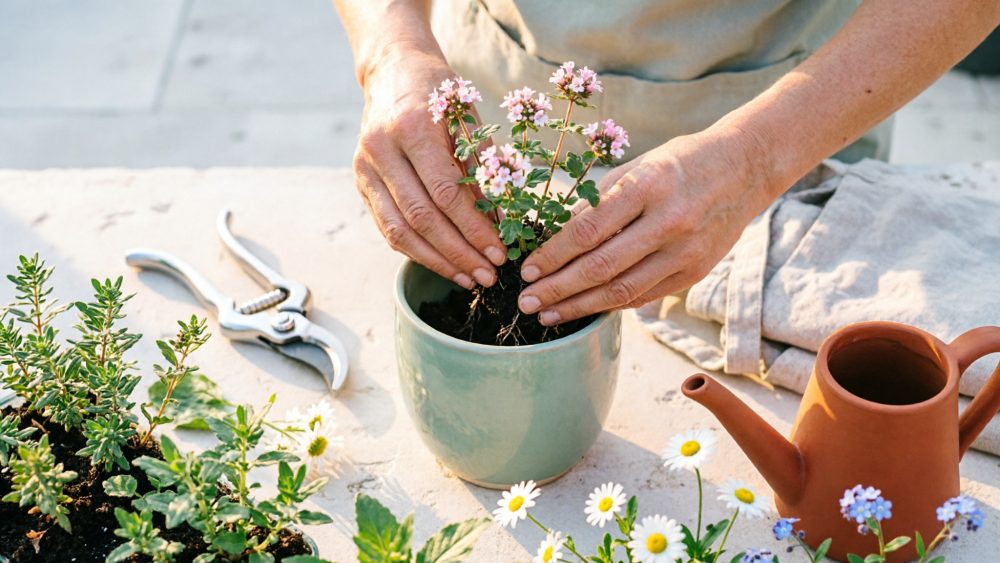 Mãos plantando flor cor-de-rosa em vaso verde com ferramentas e regador de barro ao lado
