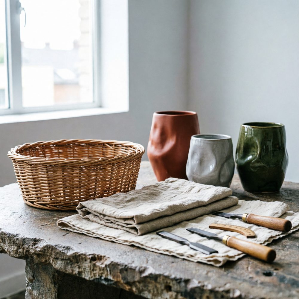 Mesa rústica com vasos cerâmicos, cesta de vime, tecidos e ferramentas de artesanato