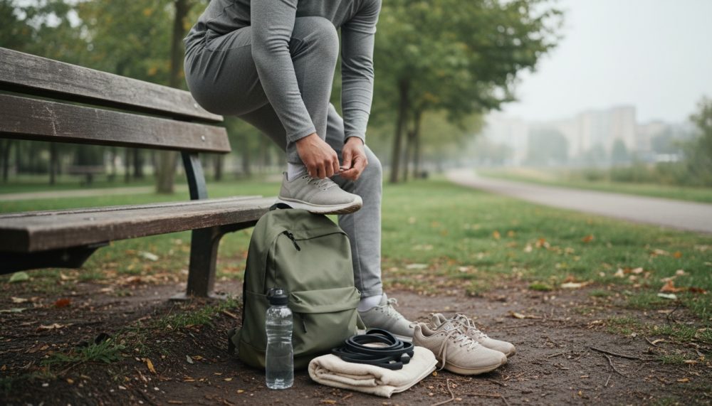 Pessoa a amarrar ténis cinzentos sentada num banco de madeira num parque, com mochila, garrafa e toalha no chão