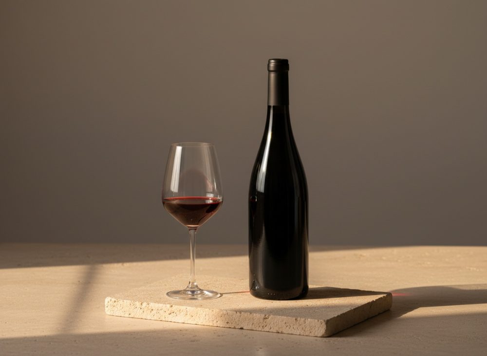 Garrafa de vinho tinto e copo sobre base de pedra clara com luz suave