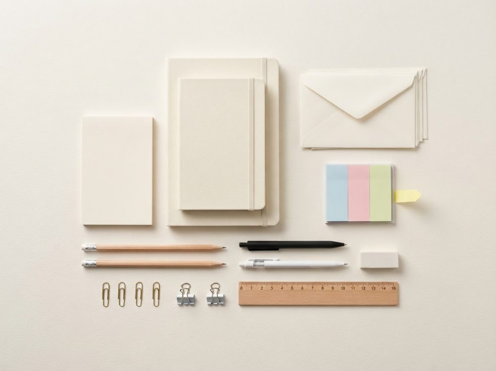 Material de papelaria organizado com cadernos, lápis, canetas, régua, clips e blocos de notas