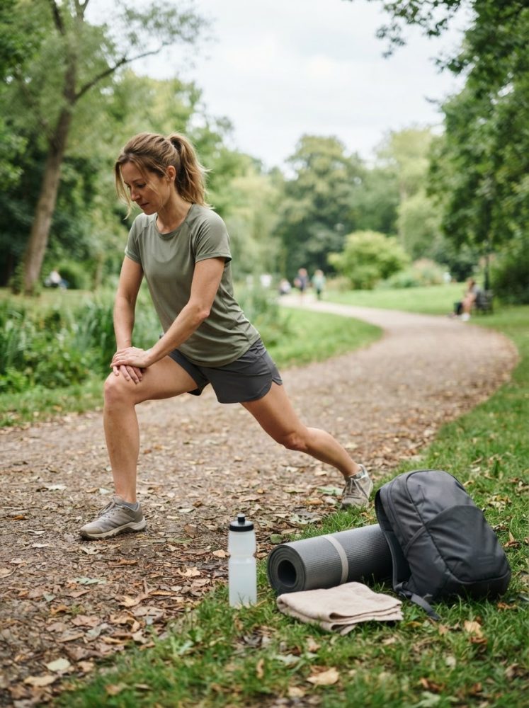 Mulher a alongar-se no parque perto de tapete de yoga, mochila e garrafa de água