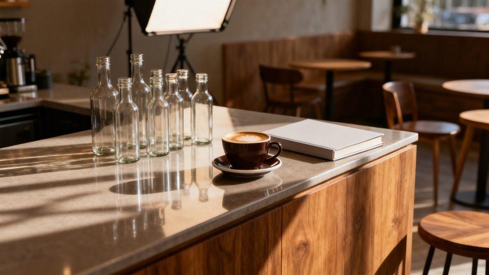 Chávena de café com creme, garrafas de vidro e livro sobre balcão de madeira em café iluminado