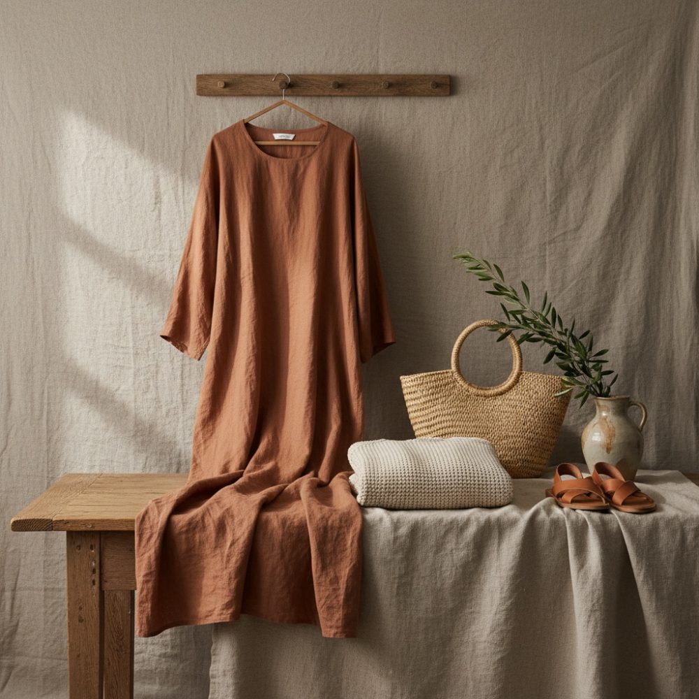Vestido de linho castanho pendurado, bolsa de palha, sandálias e manta creme sobre mesa de madeira