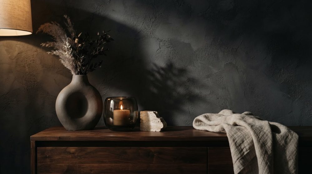 Aparador com vaso cerâmico, vela em vidro fumado e tecido natural sob luz suave
