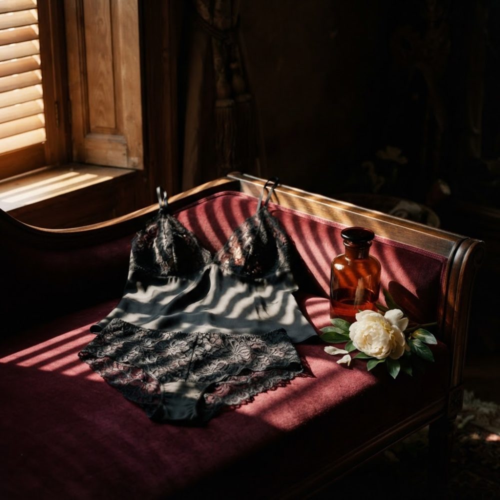 Conjunto de lingerie preta com renda sobre sofá vermelho vintage com vaso âmbar e flor branca