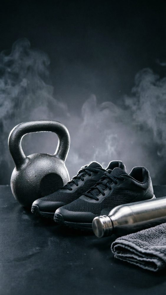 Sapatilhas pretas com kettlebell, garrafa metálica e toalha cinza em fundo escuro com fumo