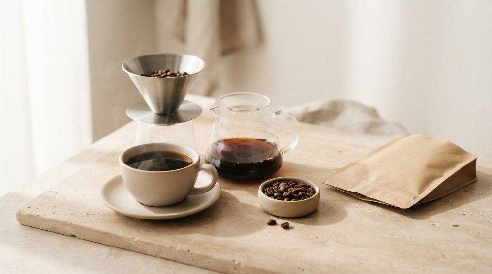 Chávena de café quente, coador metálico com grãos, jarro de vidro e saco de papel sob luz natural