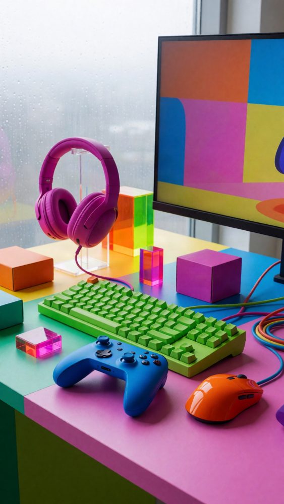 Setup de gaming colorido com teclado verde, comando azul, rato laranja e auscultadores rosa